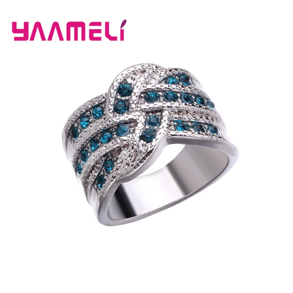 Wide Band Ring for Women Men Unisex 925 Sterling Silver Jewelry Colorized Cubic Zircon Stone with Cross Knot Finger Decoration