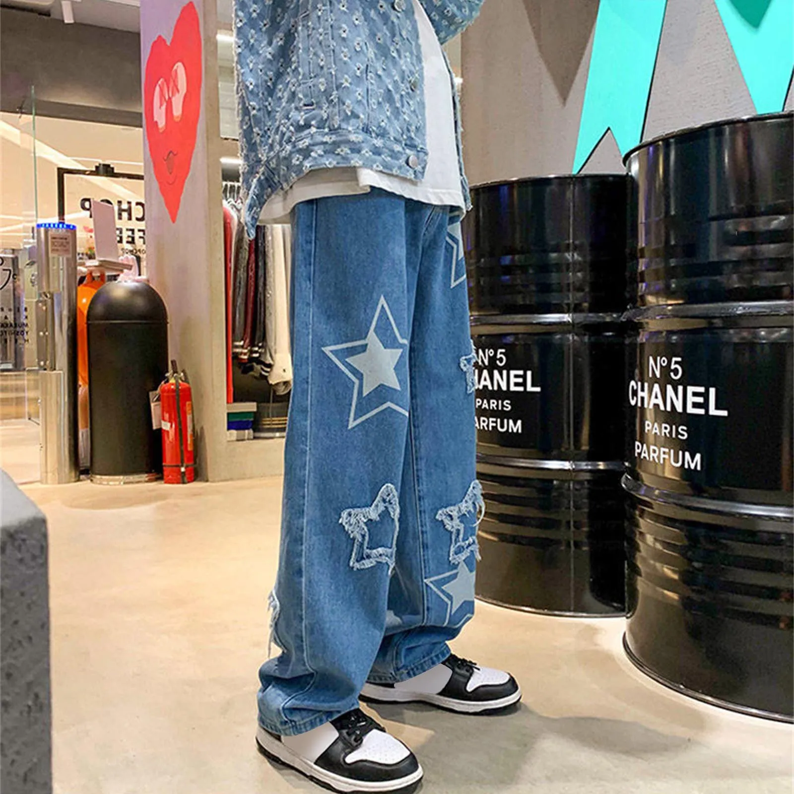 Y2k Baggy Jeans For Men Korean Fashion Star Embroidery Wide Leg Straight Denim Pants Hip Hop Loose Demin Trousers Streetwear