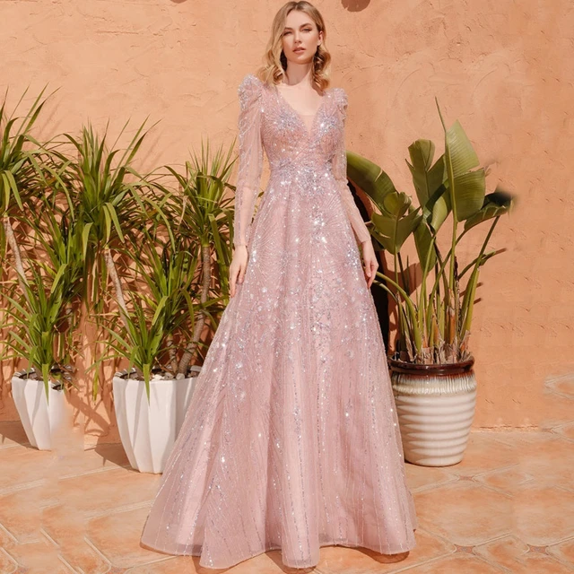 Sparkle Sequin Tulle Evening Dresses For Women 2023 Pink A Line V Neck Long Sleeves Floor Length Zipper Back Prom Party Gowns AliExpress
