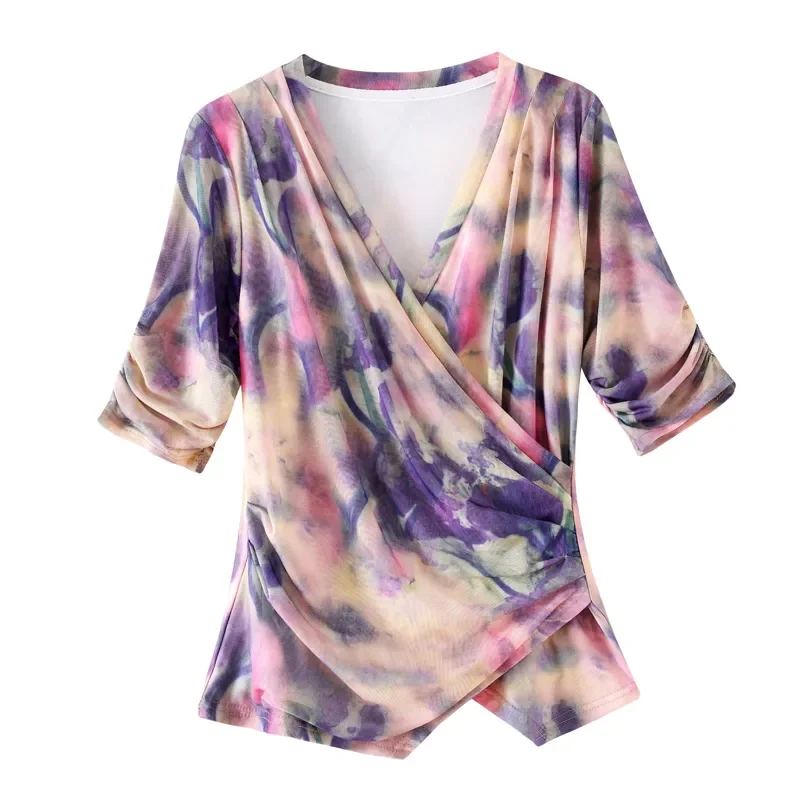 

Women's Multicolor Tie Dye Floral Print V Neck Wrap Ruched Asymmetric Hem Short Sleeve Top