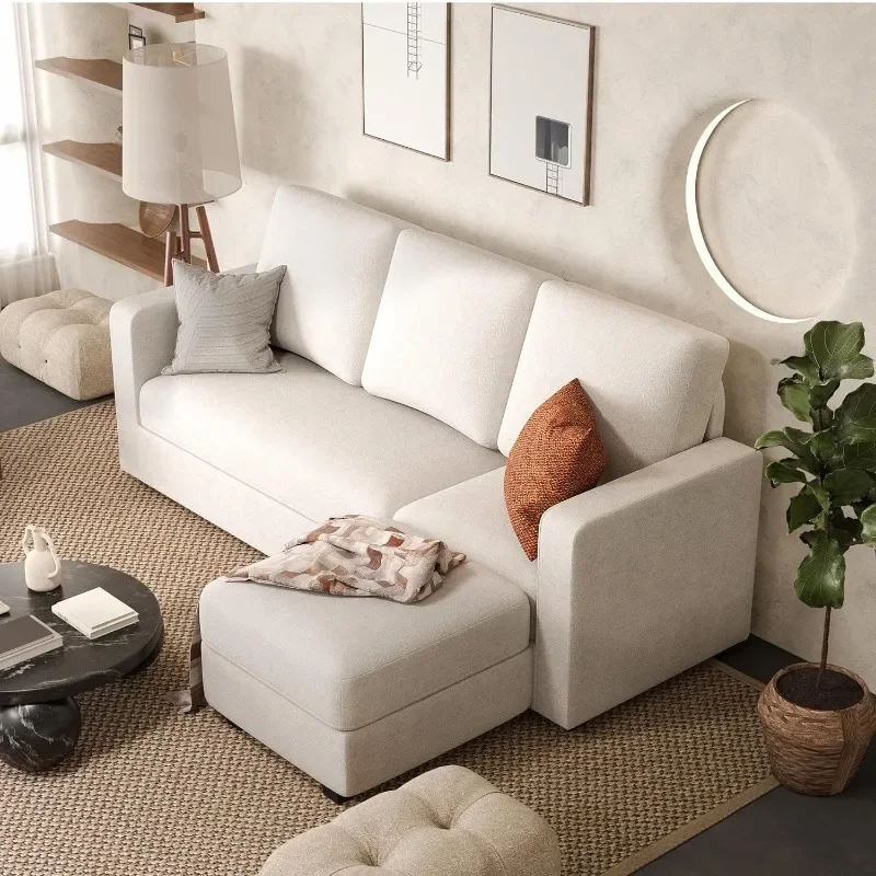 Convertible Sectional Sofa Couch, Fabric L-Shaped Sofa with 3 Seats, Removable Ottoman, Small Sofa for Small Apartments