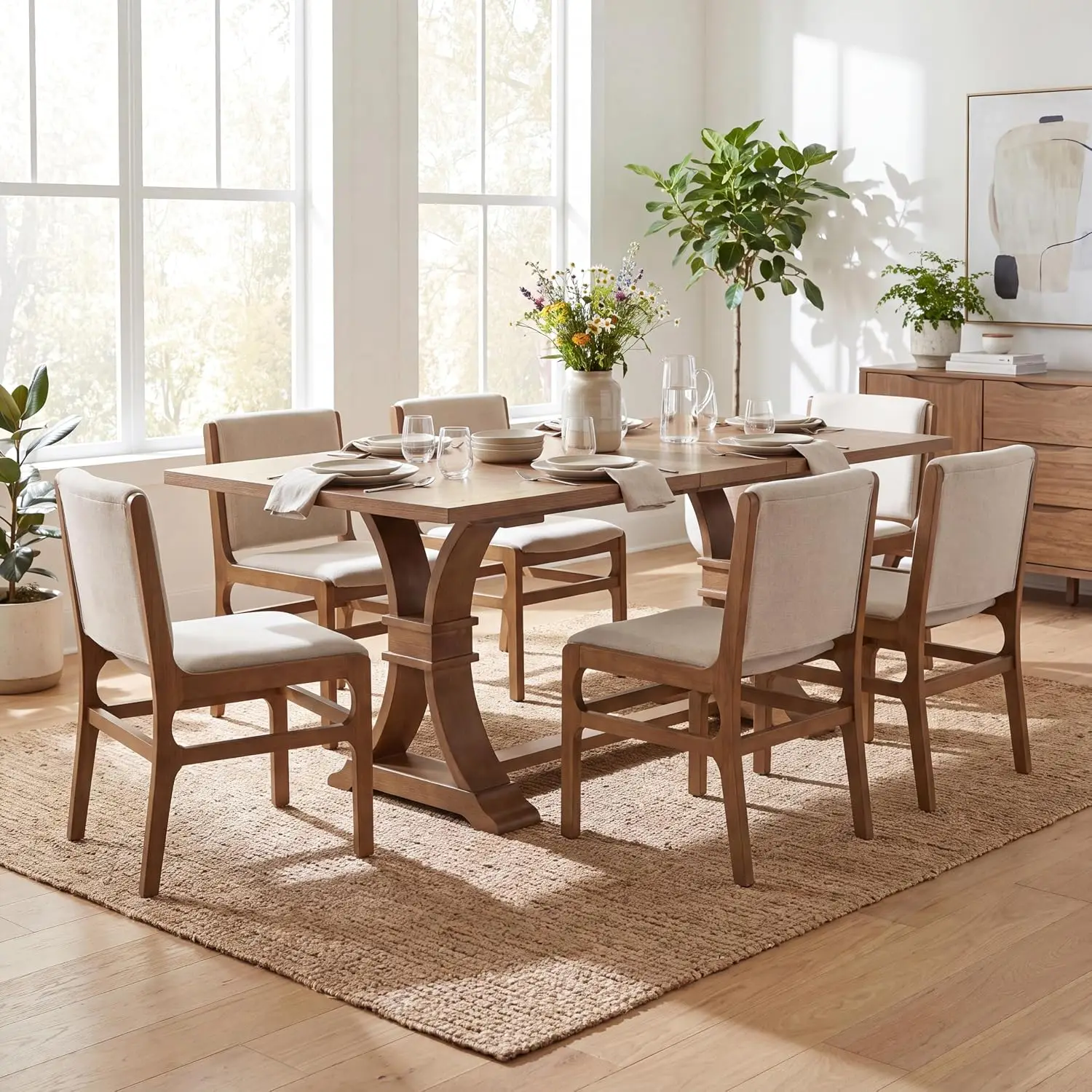 Chady Wooden 7 Piece Dining Table Set with Chairs, Modern Extendable Dining Room Table Set with X-Frame