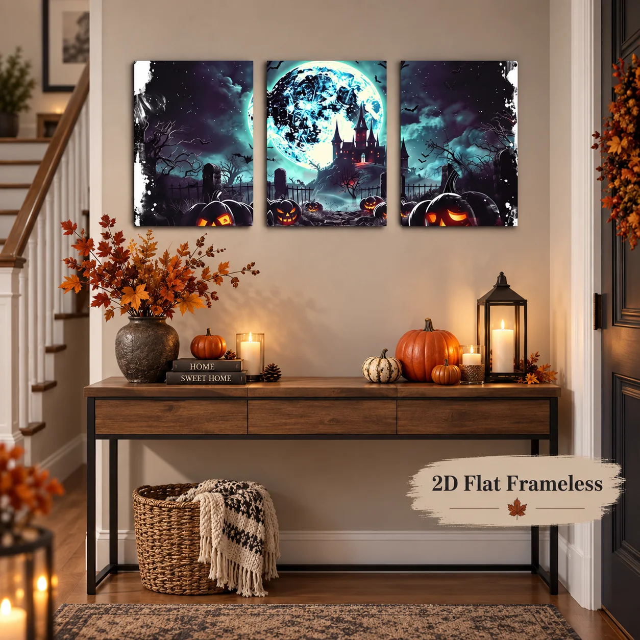 3 glowing pumpkin decoration posters, castle and blue moon night view, black and white retro style, suitable for home office hol