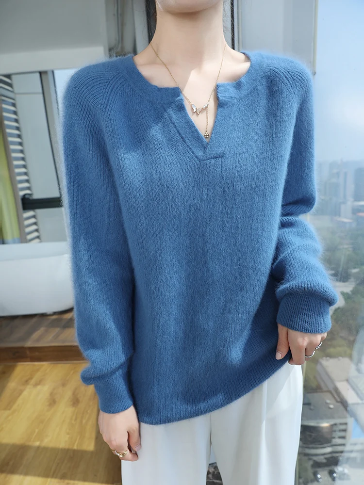 

TLOML Women's 100% Mink Cashmere Sweater V- Neck Solid Pullover Autumn Winter Soft Warm Long Sleeve Basic Casual Clothing Tops