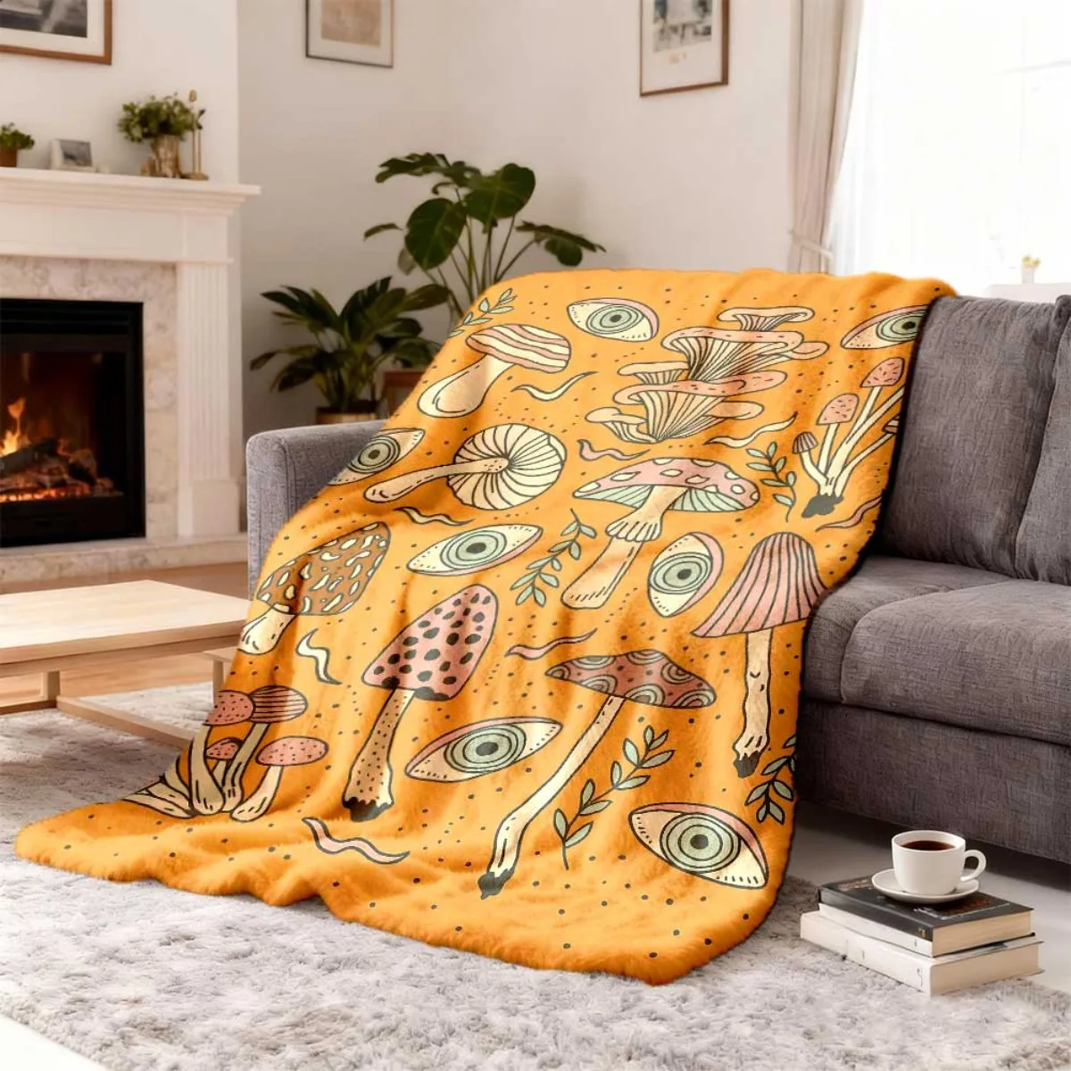 2026 New Collection Flannel Blanket Bohemian Mushroom Pattern Tassel Blanket Soft, Washable, Durable Beige Jacquard with Whimsic