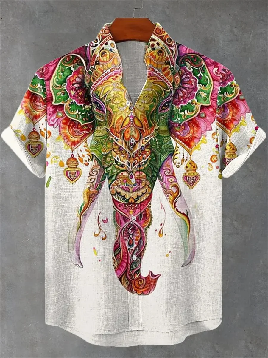 

Retro men's new divine elephant print pattern casual short sleeved shirt, high-quality linen comfortable material top