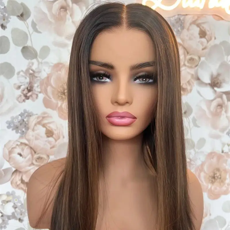 

Парик средней длины с прямым бобом 13x4 Средняя часть Ombre Коричневый блондин Парик шнурка Eaze Cap Мягкий натуральный синтетический парик фронта шнурка 18 дюймов