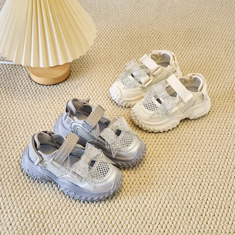 Kids Princess Shoes Casual Mesh Breathable Girls Sports Sandals Shiny Lace Bow 2025 Summer Children Running Shoes Non-slip Trend
