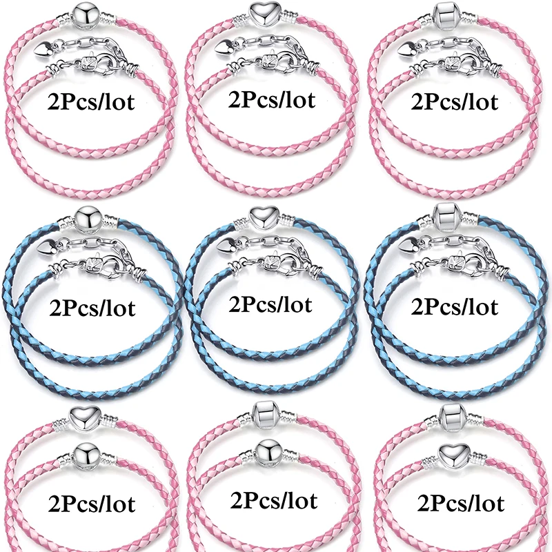 2Pcs/Lot Secial Offer Two-color Braid PU Leather Heart Clasp Chain Charm Bracelet For Women Men Fit DIY Bracelets Jewelry Gift