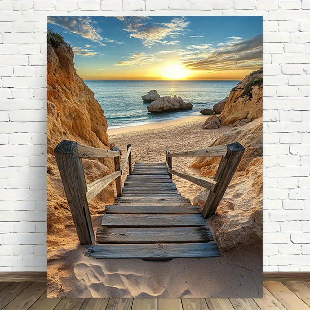 2D Flat 1pc Beach Sunset Wooden Stairs Canvas Wall Art - Frameless, Modern Vintage Design, High-Quality Printed Poster for Home