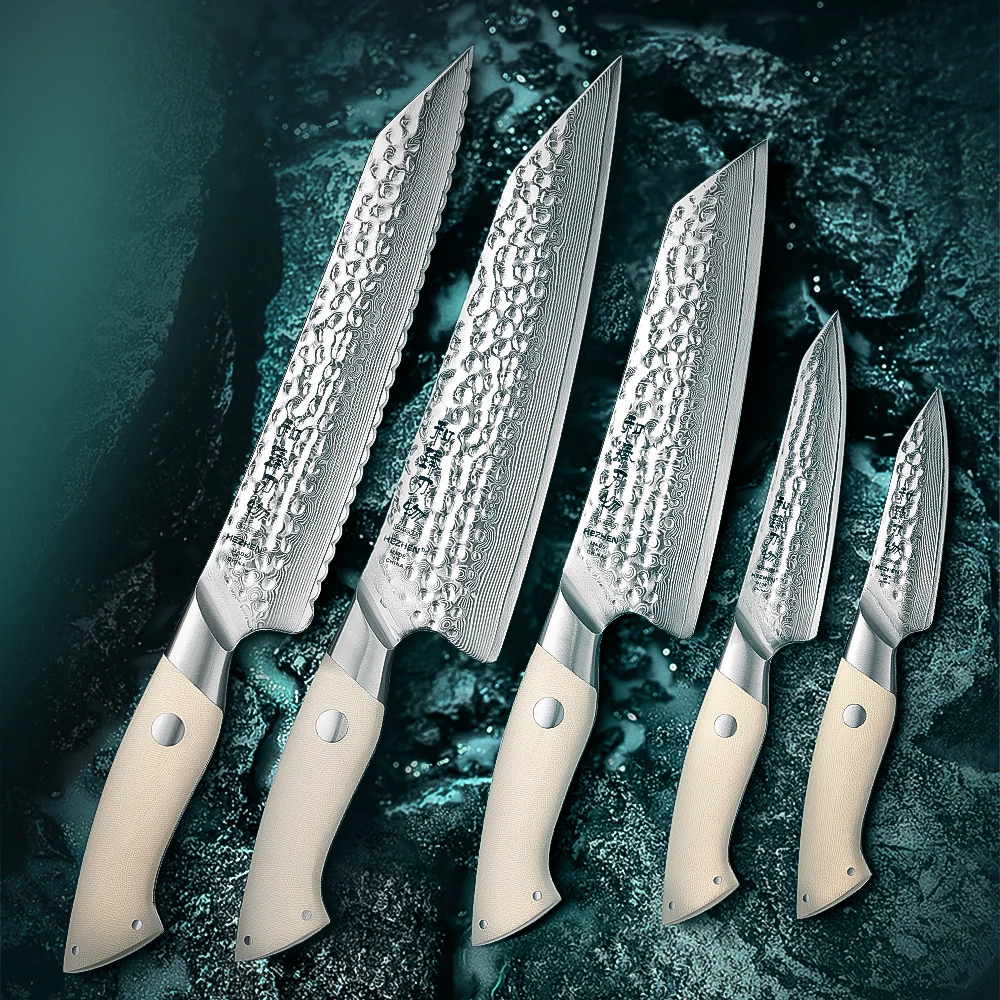 

HEZHEN 5PC Kitchen Knife Set 67 Layers Composite Damascus Steel Beautiful Gift Box Chef Cutery Utility G10 Handle