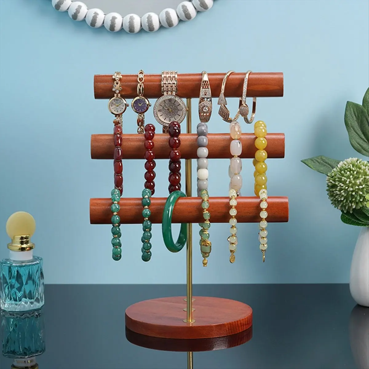 ABQR خشب متين رف مجوهرات كبير 3 طبقات سوار رف شاشة سوار ساعة رف تخزين المجوهرات الرف لتخزين الفتيات