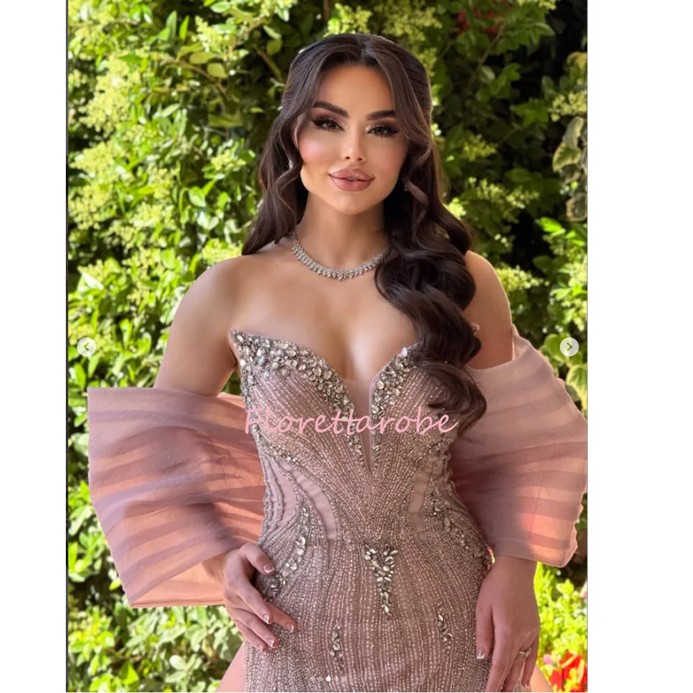 Luxury Pink Strapless Mermaid Beaded Evening Dress Bow Sleeve Elegant Formal Event Gala Gown Prom Gowns Customized