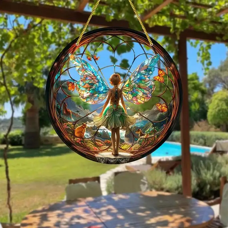 Fairy Acrylic Window Pendant Vintage Stained Fairy Pendant Round Stained Acrylic Sun Catcher Colorful Butterfly Window Pendant