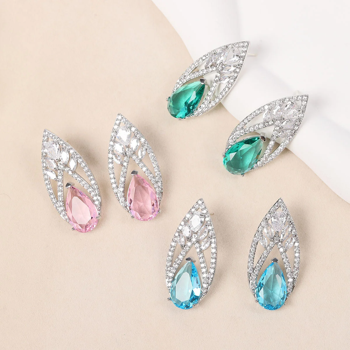 

925 Silver Needle Luxury Multicolor Gemstone Leaf Stud Earrings, Elegant Daily Wear Statement Jewelry Gift for Women