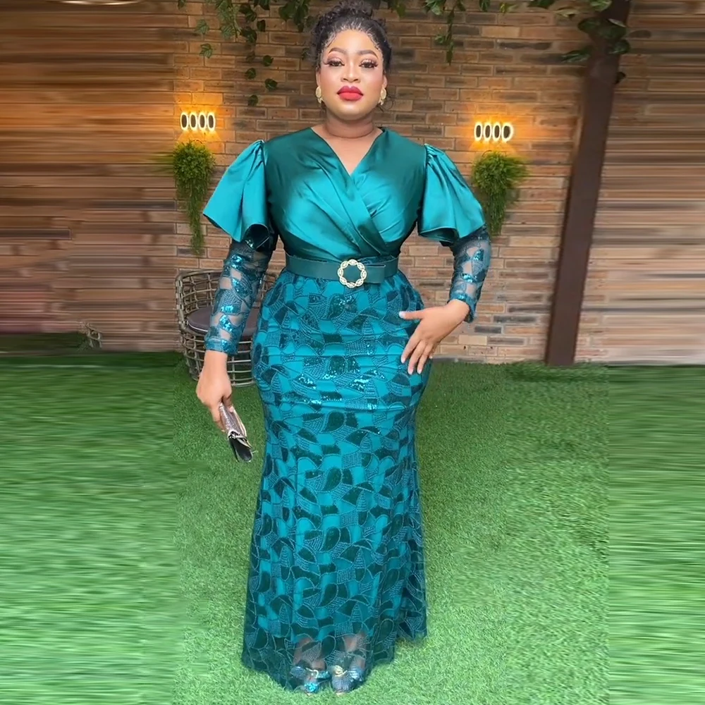 

MD Wedding Party Mermaid Dresses For Women African Turkey Evening Gown Plus Size Ruffle Sleeve Long Dress Dashiki Ladies Clothes