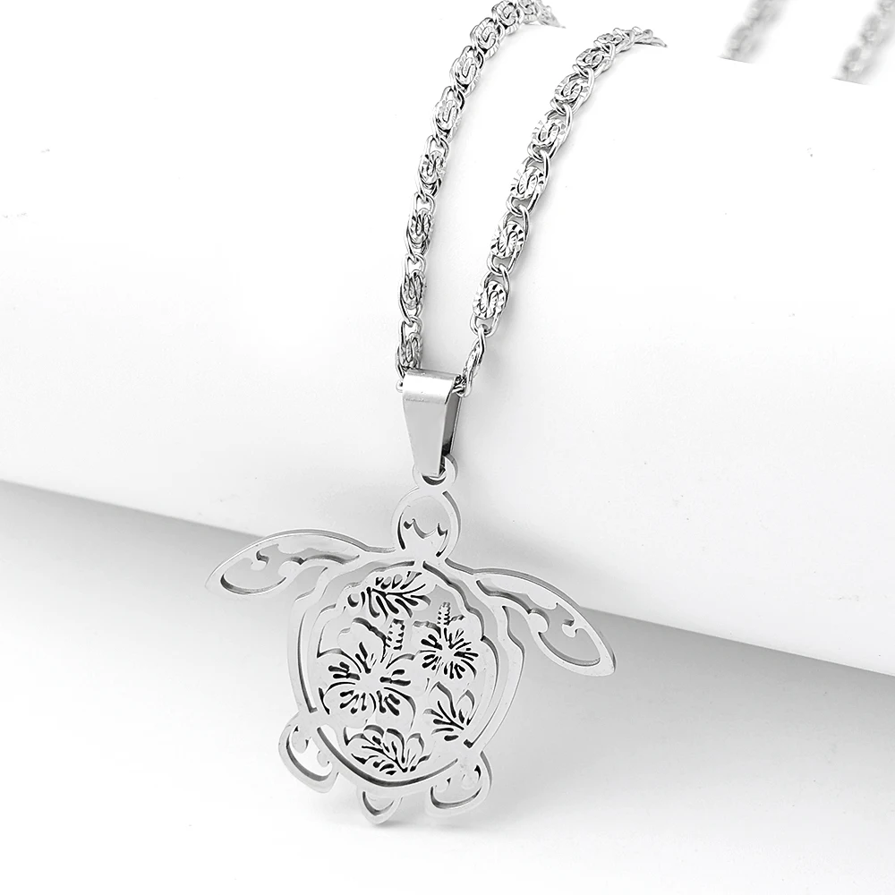 Grüne Schildkröten-Hibiskus-Blumenkette für Damen und Herren, Edelstahl, silberfarben, Honu, Ozean, Urlaub, Boho, hawaiianische Halskette, Schmuck
