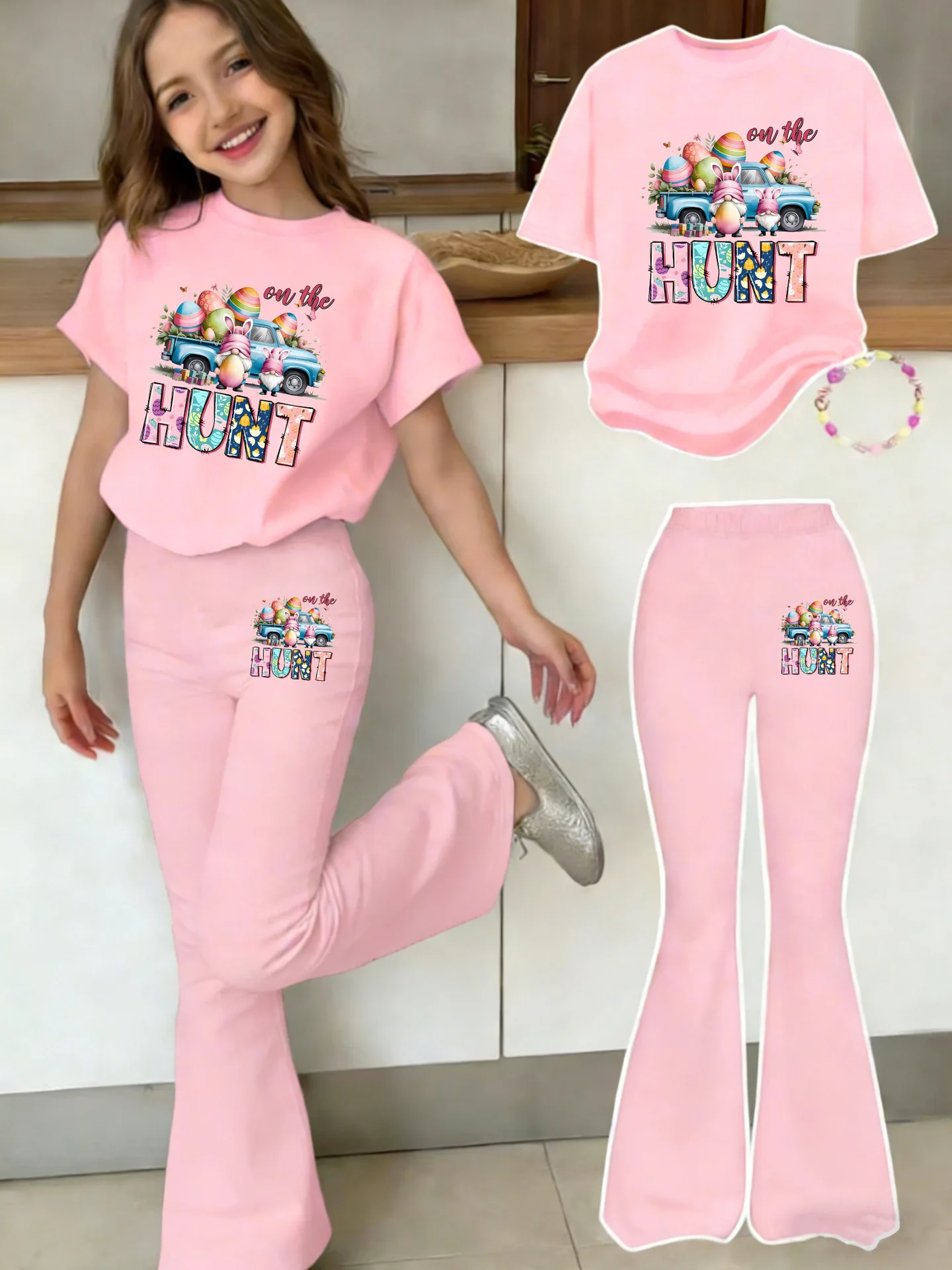 Sommer- und Herbst-Freizeitoutfit für Mädchen: Zweiteiliges Set mit Rundhals-Kurzarm-Oberteil und ausgestellter Hose, geeignet für 4-12-Jährige, vielseitige Kleidung für Zuhause und Ausflüge. – Detail 2