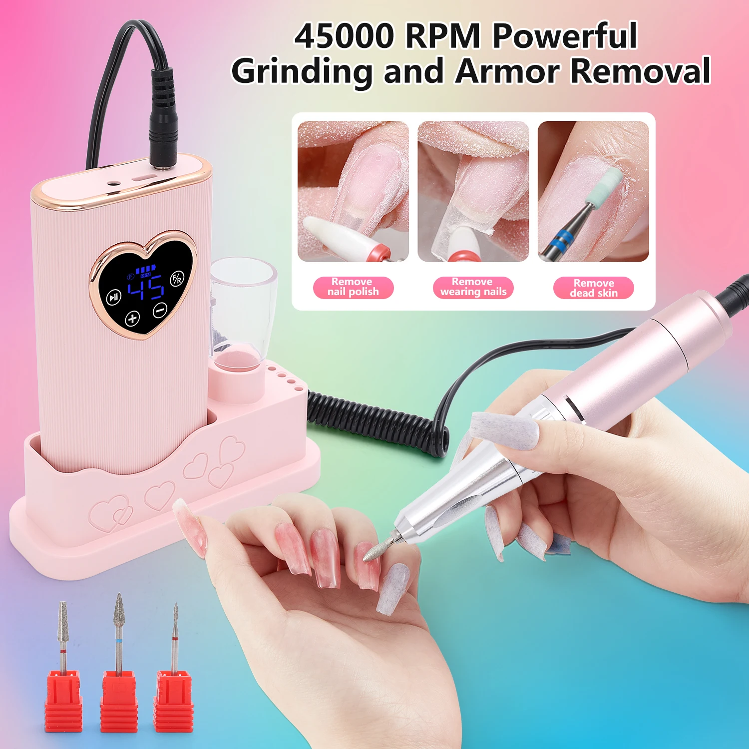 Pulidora de uñas profesional, soporte de banda de pulido profesional para uñas, ajustable a 45 velocidades, regalo de San Valentín.