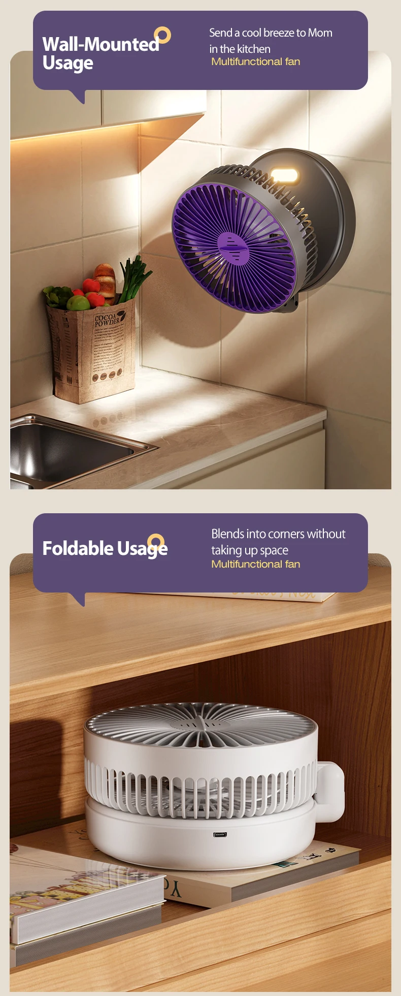 1 x wiederaufladbarer 3-in-1-Multifunktions-Desktop-Lüfter, 90 ° Faltbarer, wandmontierter Ventilator, 4-stufige Geschwindigkeiten, mit warmem Nachtlicht – Detail 3