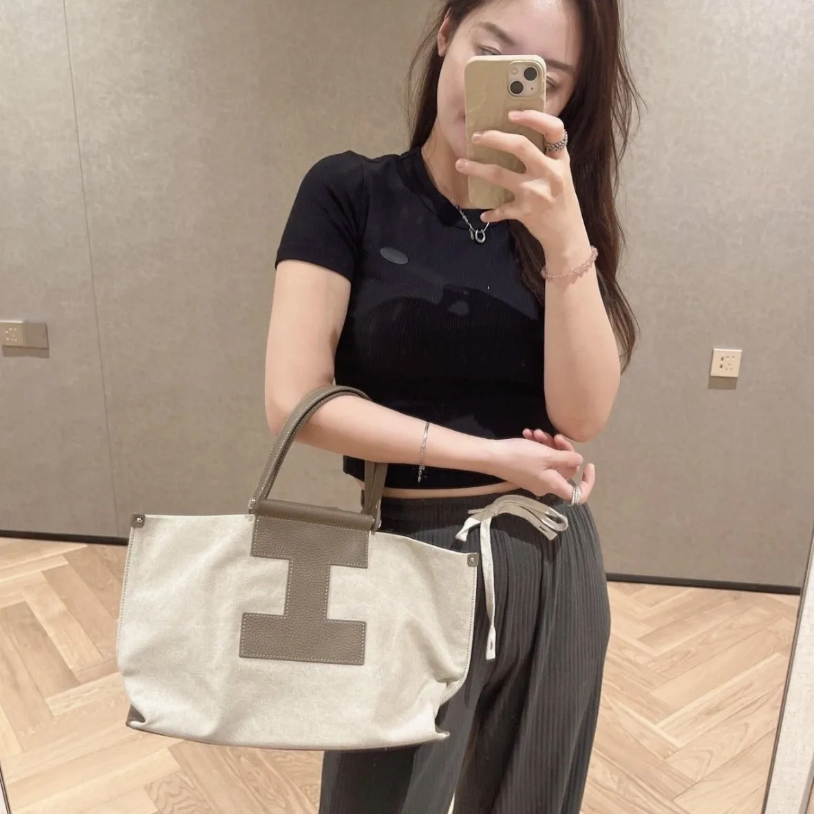 Iacucci Niche Design New 2025 Shopping Bag Large Capacity Color-Block Canvas Tote Shoulder Bag