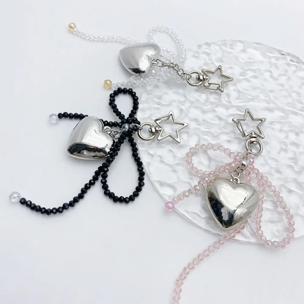 Beaded Bow Bag Pendant Balletcore Korean Style Metal Bowknot Heart Keychain Earphone Backpack Decoration Y2k Bag Hanging