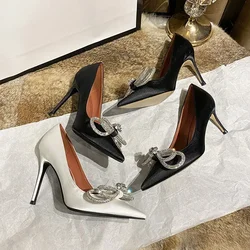 High Heels Women's 2024 New Bow Rhinestone Pointed Toe Stiletto Satin Shoes