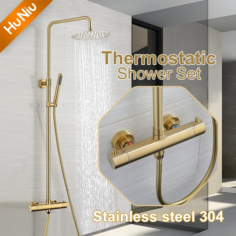 

HuNiu Thermostatic Shower System Set Stainless Steel Bathroom Shower Set Bath Shower Faucet Set Rainfall Shower Set Brushed Gold