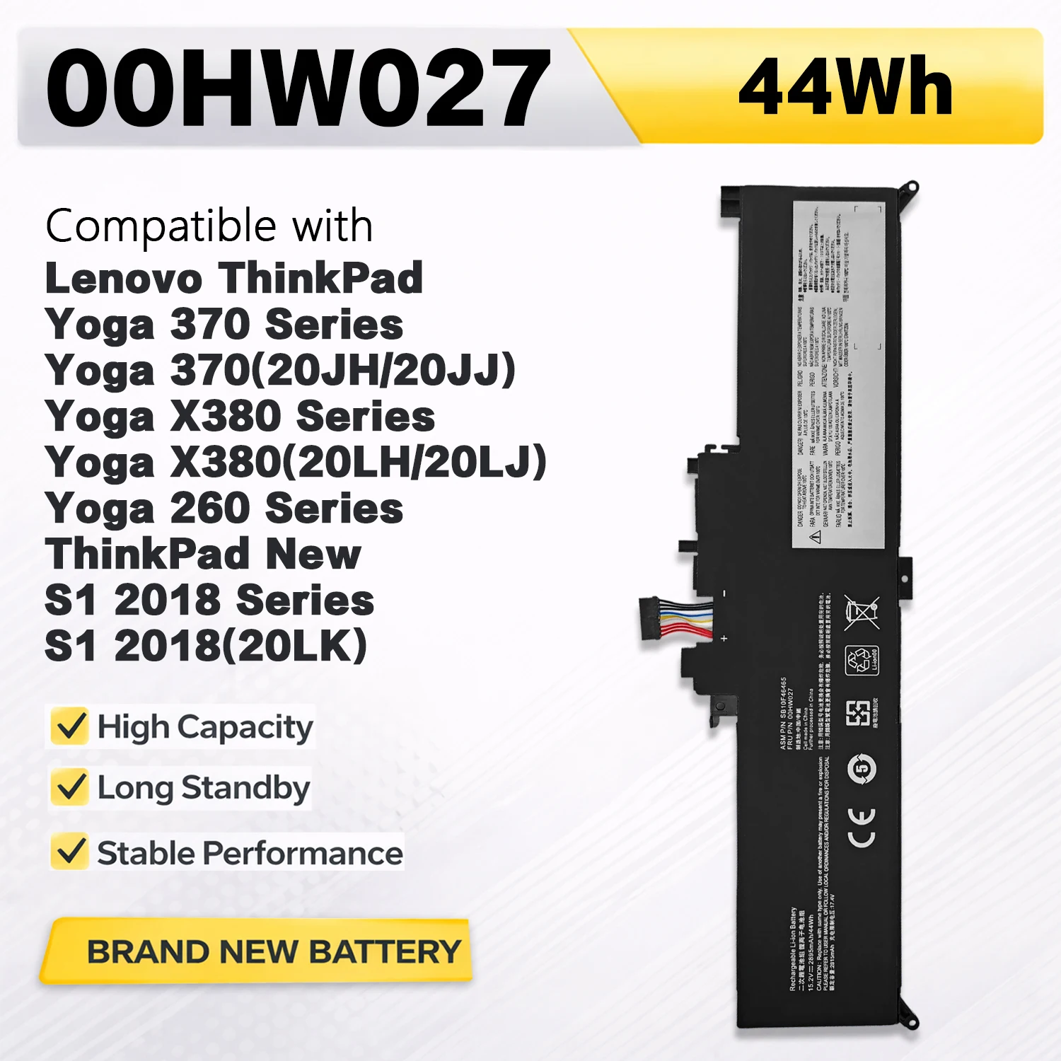 PowerHub 00HW027 01AV433 Laptop Battery Compatible with Lenovo ThinkPad X380 Yoga 260 370 X380 Series SB10K97590 01AV434 44WH