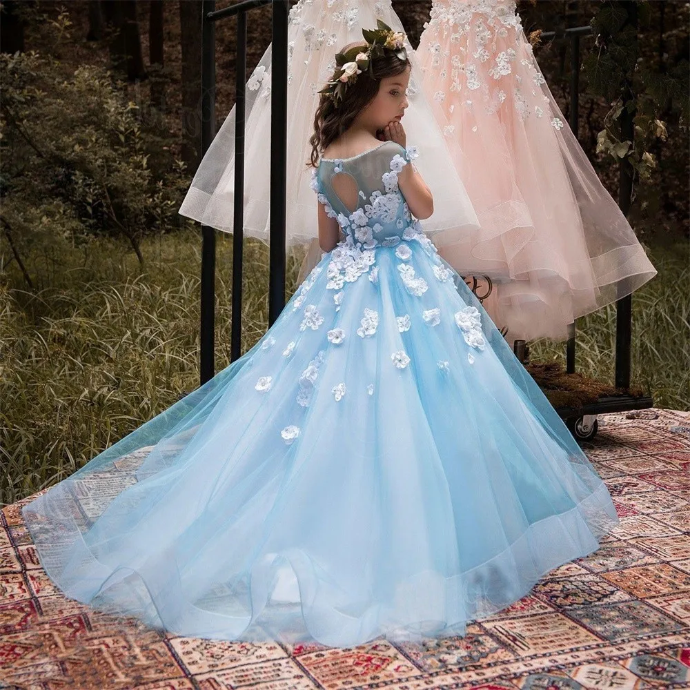 Blue Flower Girl Dresses Sheer Neck for Wedding First Communion 3D Flora Appliques Girls Birthda Gowns Hollow Back Children