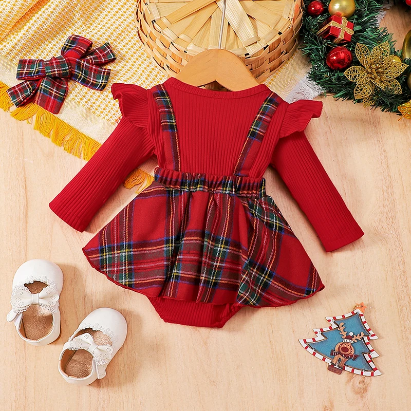 Newborn Baby Girl Christmas Outfit Plaid Ruffle Long Sleeve Bowknot Romper Dress with Headband Fall Winter Ribbed Clothes