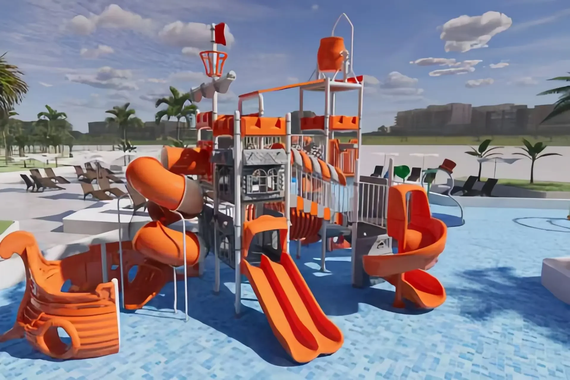Pirate Themed Water Park Playground Comb - Commercial Kids Swimming Pool Slide Equipment with Water Bucket for Mall and School