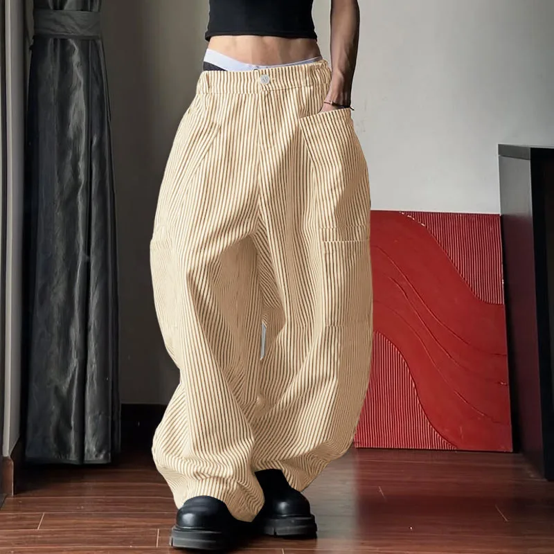

INCERUN Men Striped Pants Button Joggers Pockets Loose Casual Trousers Men Streetwear Korean Style Fashion Wide Leg Pants S-5XL