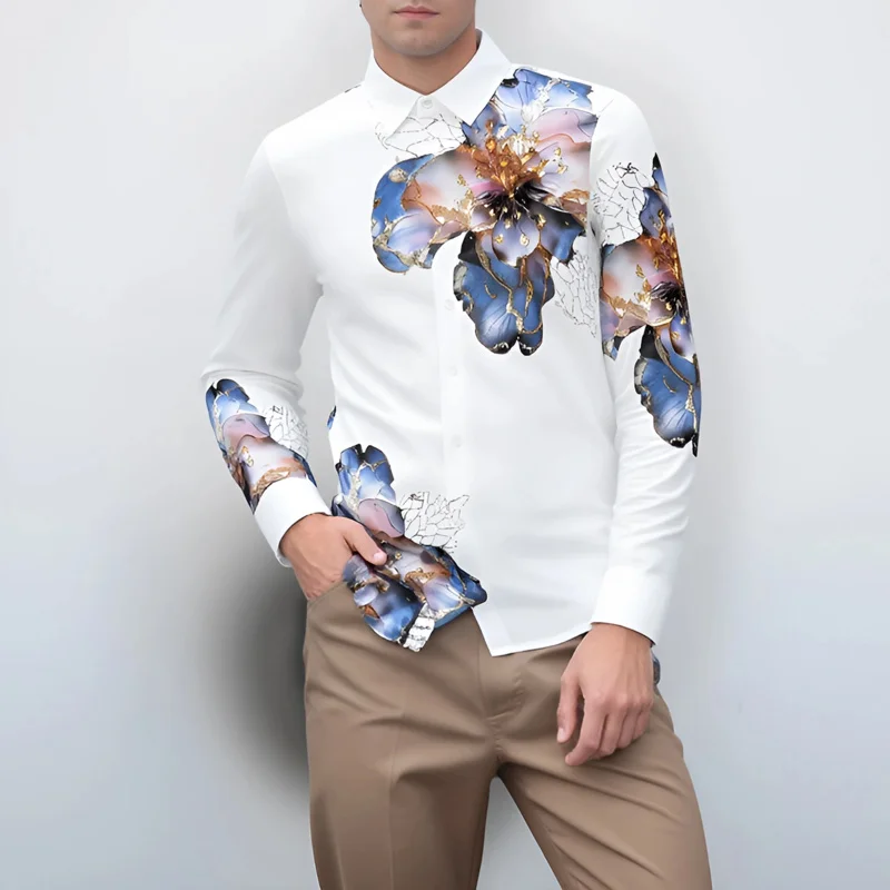 

Роскошная мужская рубашка с длинным рукавом, премиальный принт из стразов, комфортная посадка, эластичная ткань, не требует глажки, без складок, повседневная одежда