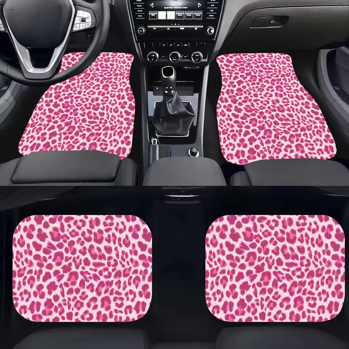 

4pcs Pink Leopard Print Universal Car Floor Mats, Polyester Non-Slip Car Carpet For Car Interior Decoration