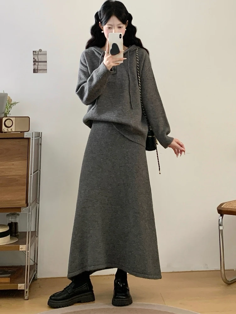 

Women's Knit 2-piece Set Skirt Red Casual Hooded Drawstring Pullover Sweater High-waisted Slim A-line Skirt Korean Trendy Suis