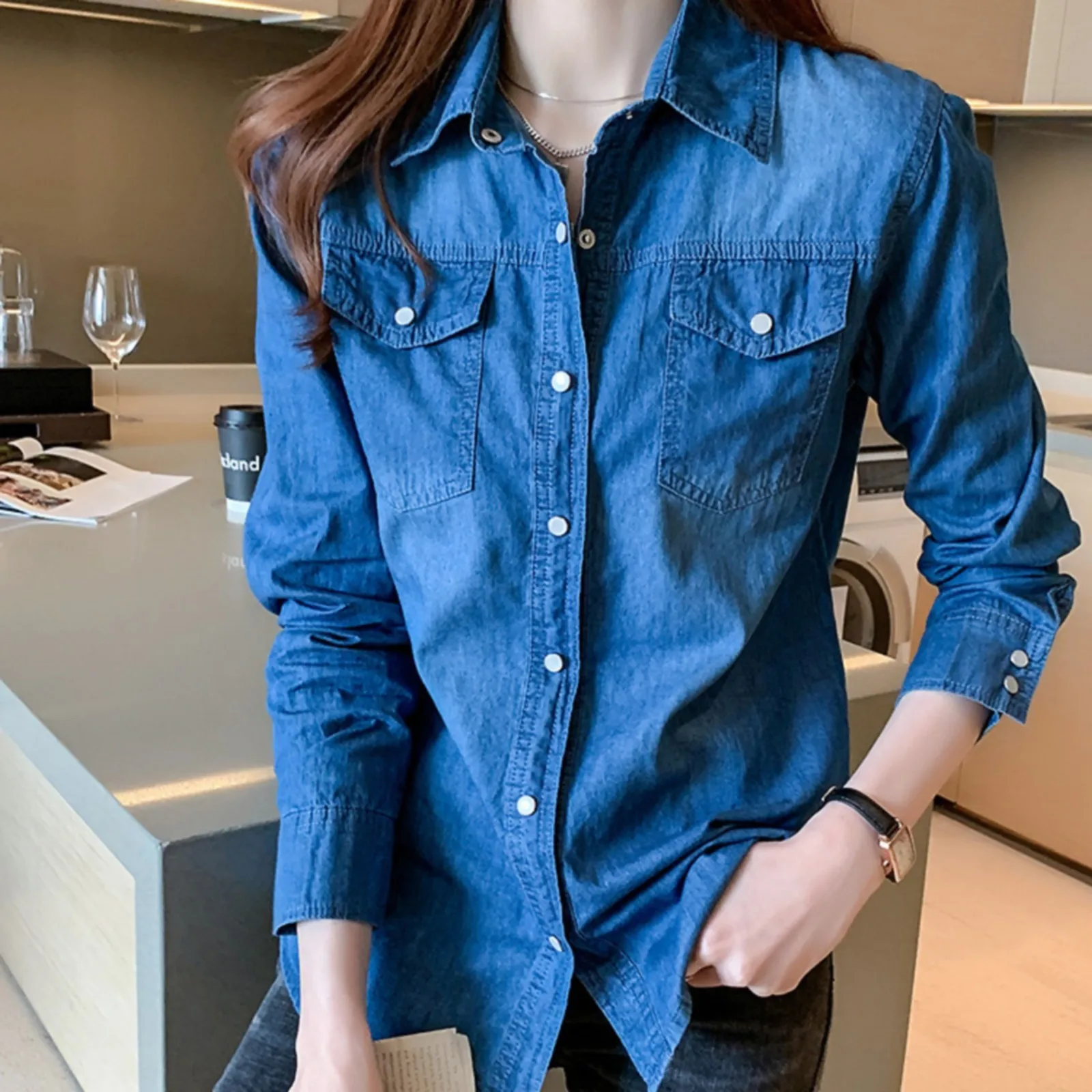 

Autumn Spring Women Jean Shirts Cowboy Long Sleeved College Style Slim Versatile Denim Female Bottoming Denim Shirt