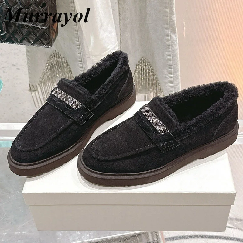 

Прогулочная обувь с круглым носком, лоферы с плюшевой подкладкой и декором из бисера, женские туфли из коровьей замши на толстой подошве, зимние туфли на плоской подошве