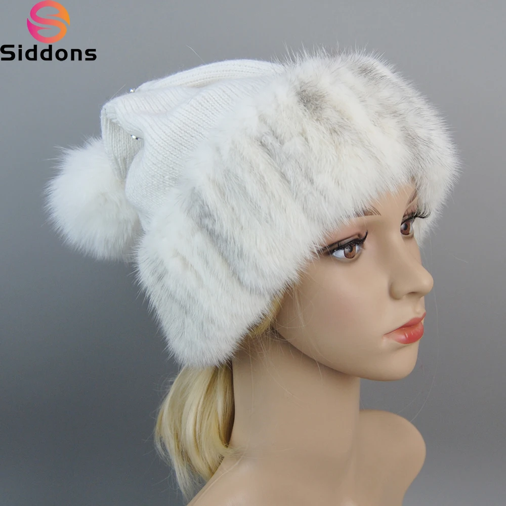 Luxury Brand Hot Sale Winter Hat Natural Mink Fur For Women Knitted Hat Cap Fox Fur Pompom Real Fur Hats Warm Female Beanie Hat