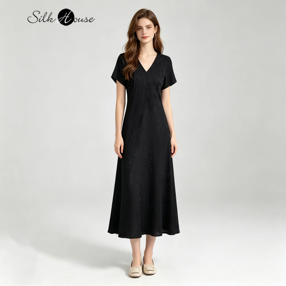 2026 Women's Casual Summer New 100% Natural Mulberry Silk Jacquard Satin Black V-neck Short Sleeved Diagonal Cut Dress