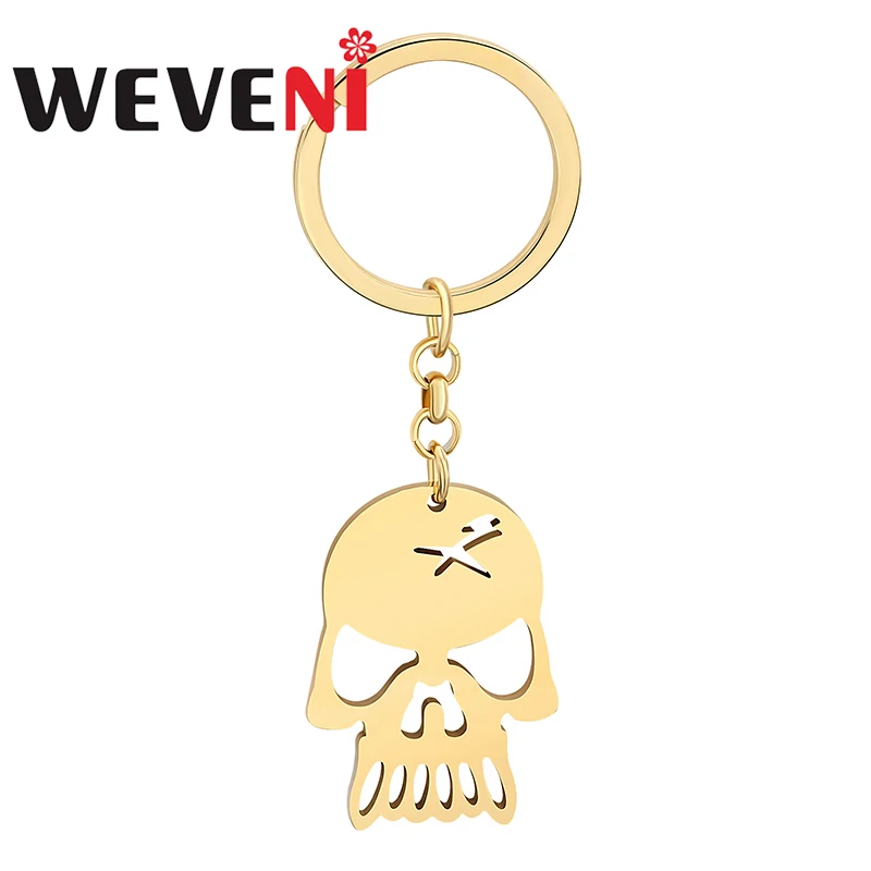 WEVENI Halloween Stainless Steel Gold-plated Skull Skeleton Keychains Car Key Handbag Accessories Charms Gifts Jewelry For Women