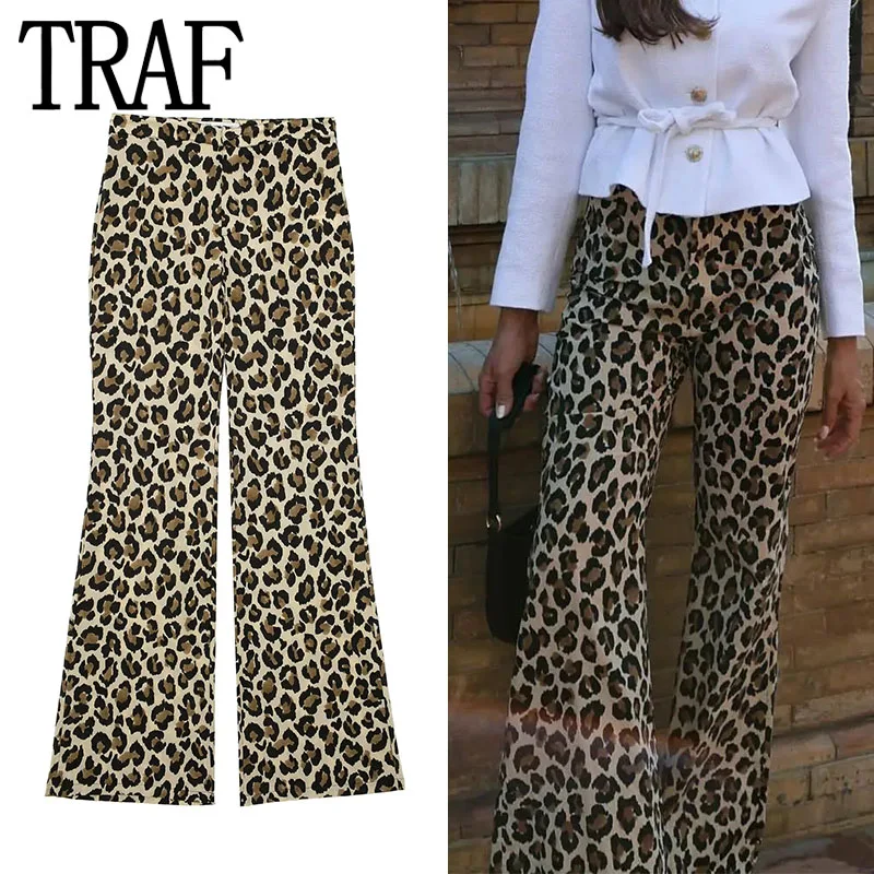 TRAF 2024 Woman Leopard Pants Mid-Rise Animal Print Baggy Pants Y2k Vintage Trousers Womens Summer Casual Loose Women's Pants