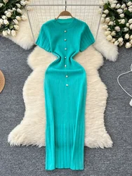 Knitted Bodycon Dress Women Round Neck Single Breasted Short Sleeved Slim French Style Long Dresses Ladies Spring Auutmn Robe