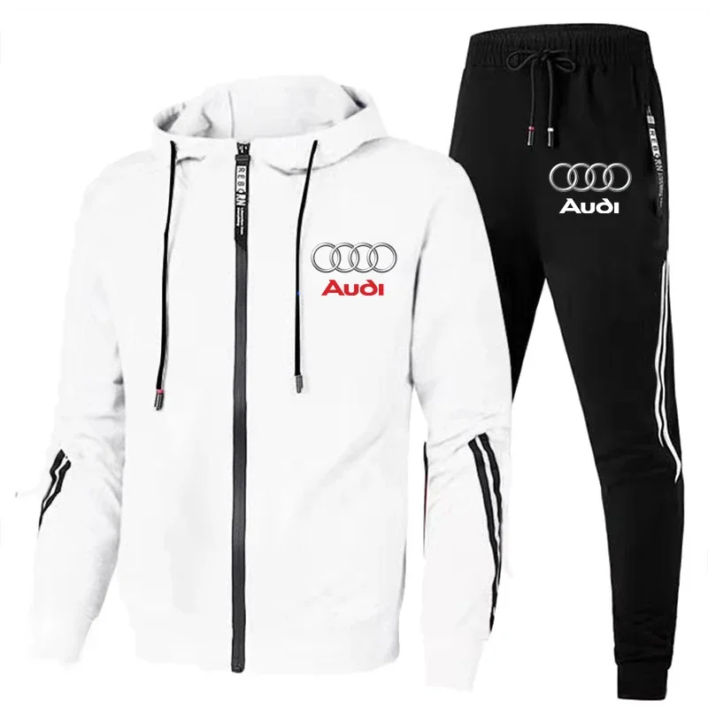 Otoño Invierno para hombre Audi Car Logo estampado chándal hombres cremallera Sudadera con capucha + Pantalones conjunto de 2 piezas Casual gimnasio Fitness jogging ropa deportiva trajes