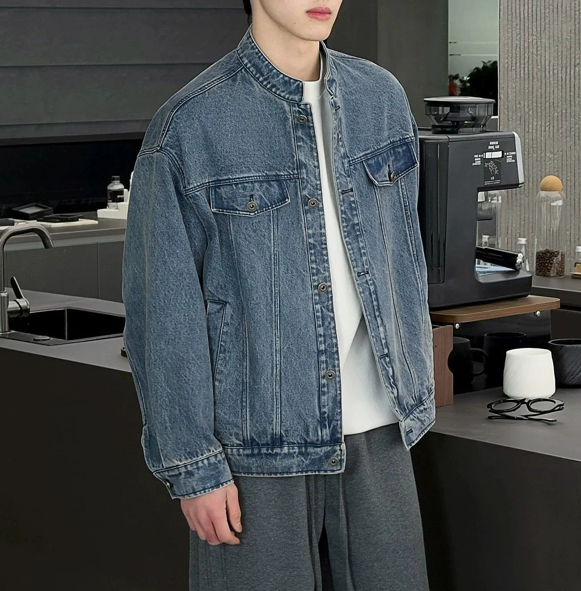 2026 Autumn New Washed Retro Denim Jacket Men's Loose Casual Stand-up Collar Jacket