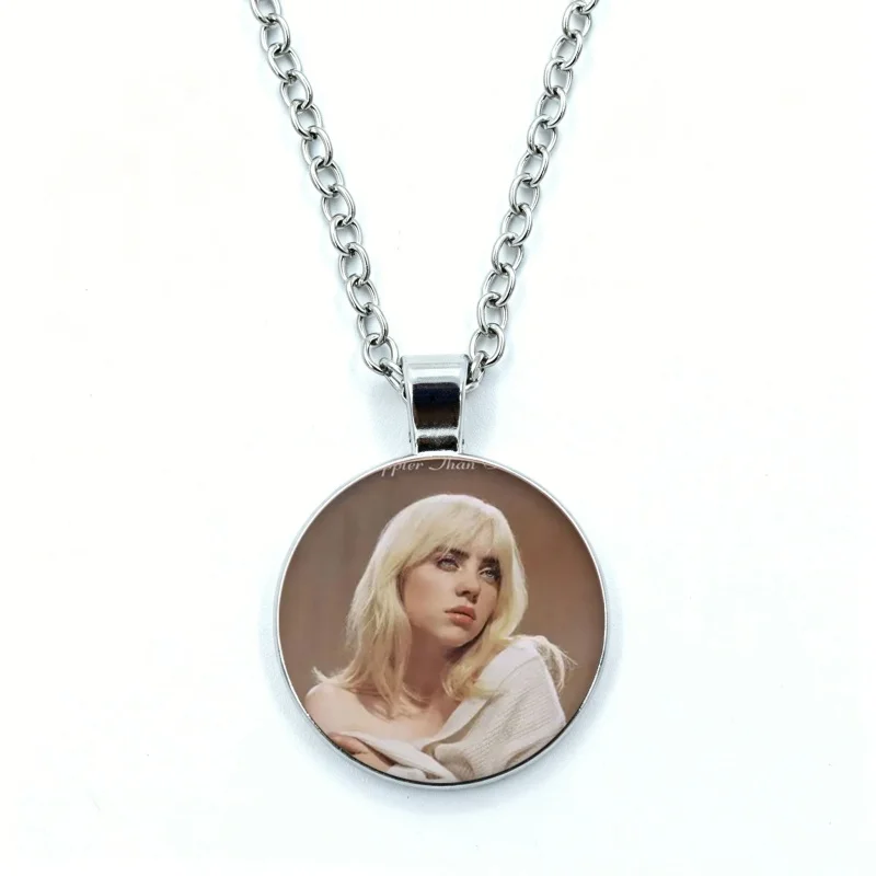 Singer Billie Eilish Cartoon Cute Necklace for Women Jewelry Cabochon Glass Pendant Fashion Statement Crystal Necklace