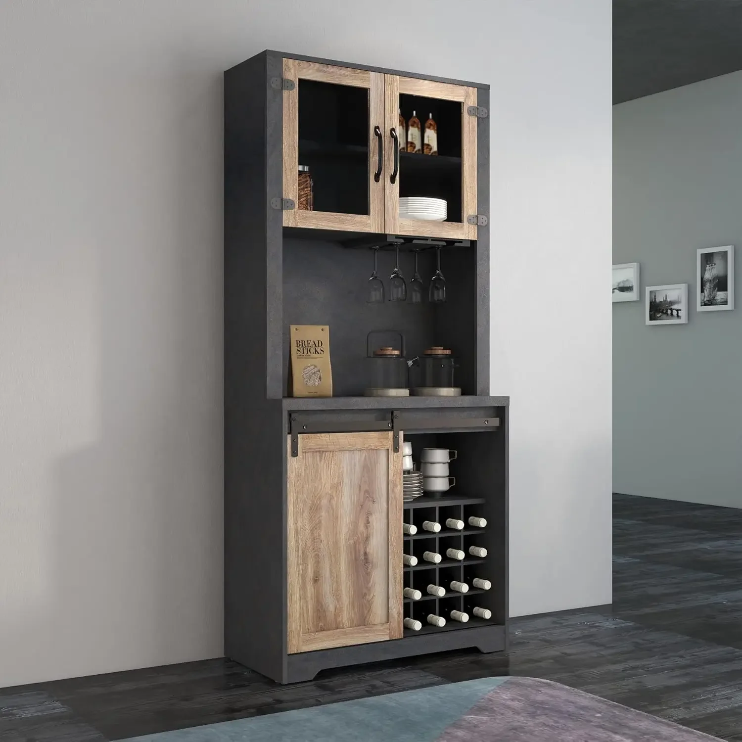 

Kitchen Hutch Storage Cabinet with Sliding Barn Door and Shelves,Farmhouse Sideboard and Buffet Cabinet with Wine Rack