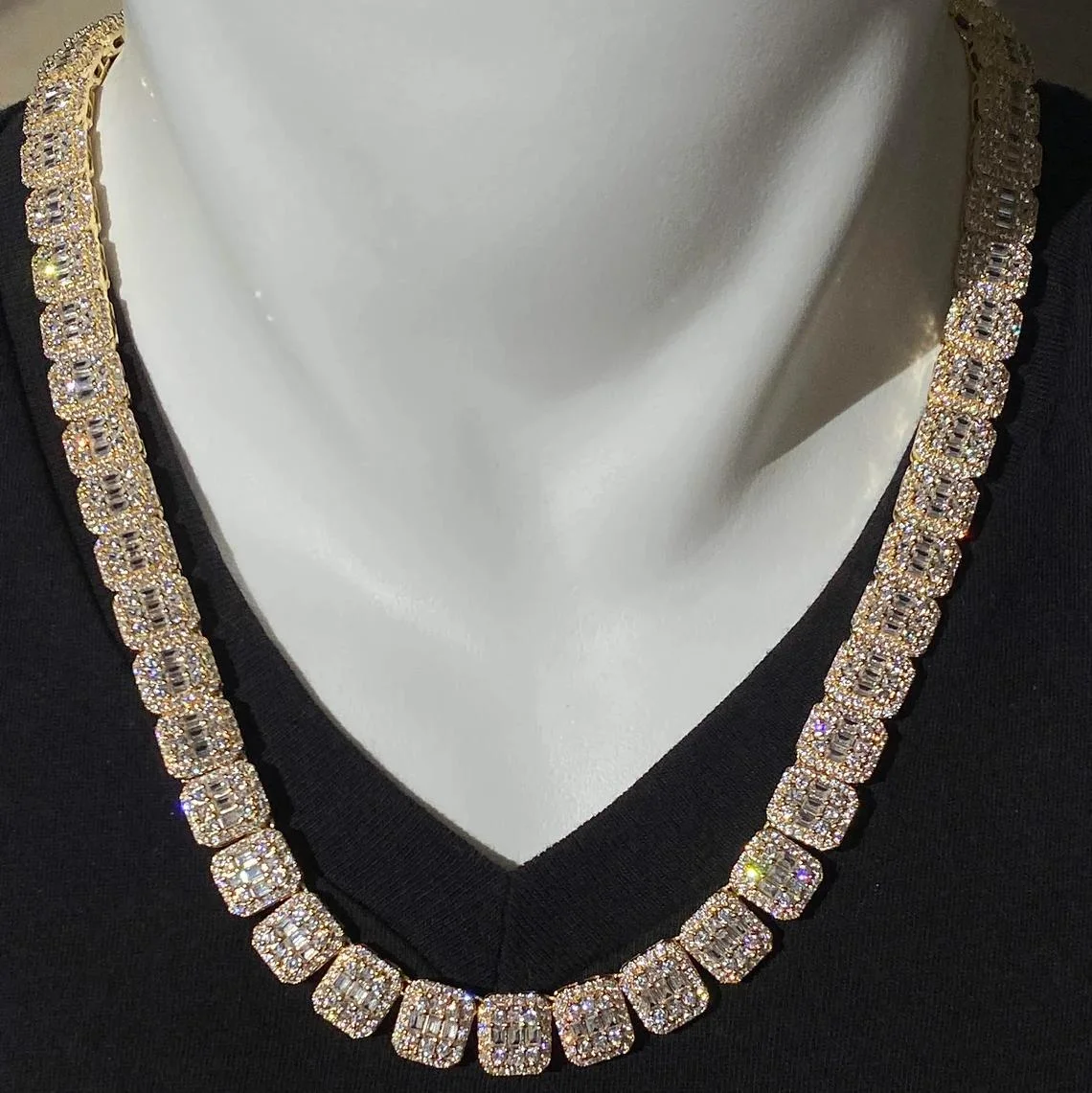 Bling Fine Jewelry Necklace 12mm 925 Sterling Silver Full Iced Baguette Moissanite Mens Hip Hop Cuban Chain Necklace