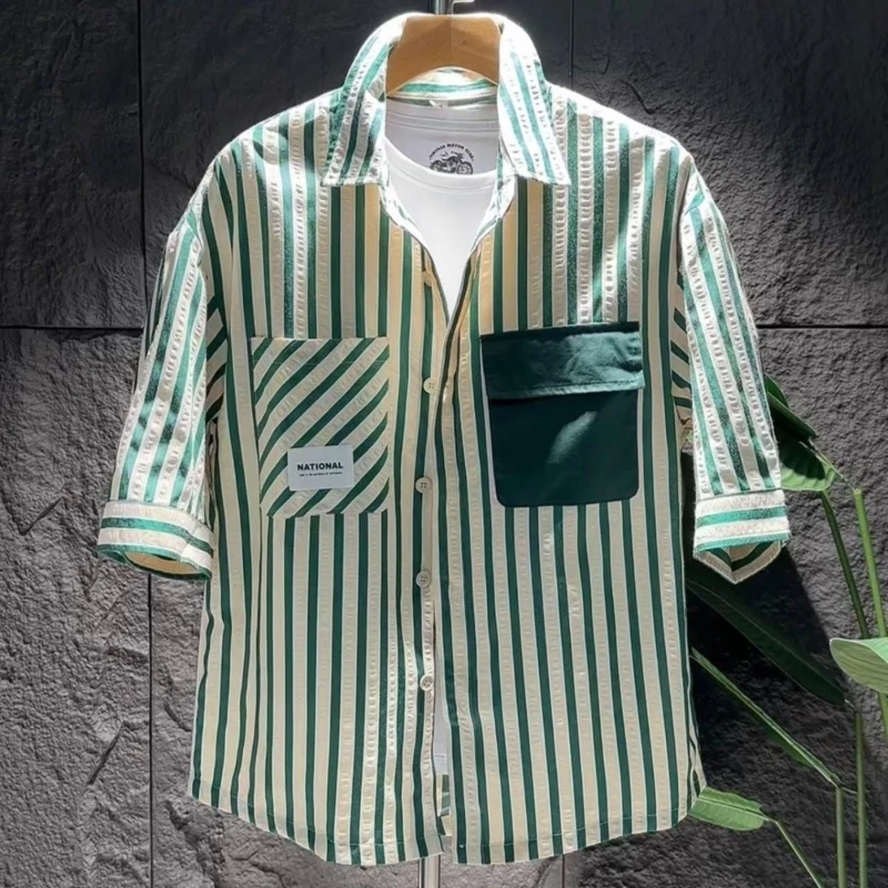 Camicia a maniche corte a righe versatile casual e alla moda da uomo estiva Giacca camicia traspirante e leggera
