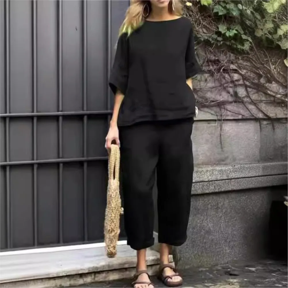 Conjunto de 2 piezas de algodón y lino para mujer, traje de camisa de manga de siete cuartos con cuello redondo, pantalones de Color sólido Retro